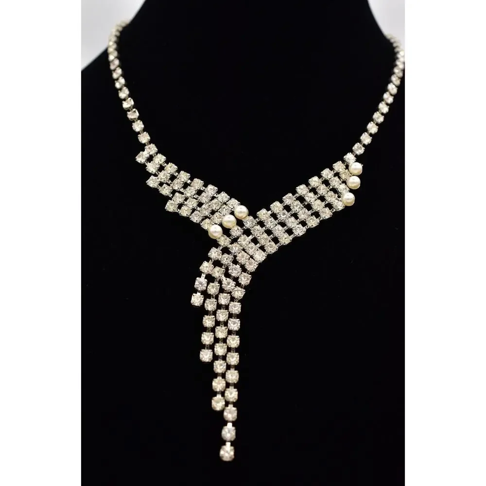 Vintage Crystal Collar Choker Necklace Pearl Silver Chunky Glam 1980s BinBJ